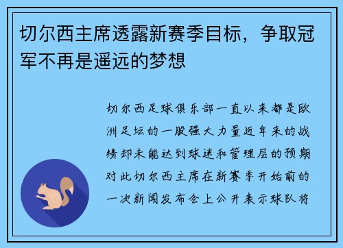 切尔西主席透露新赛季目标，争取冠军不再是遥远的梦想